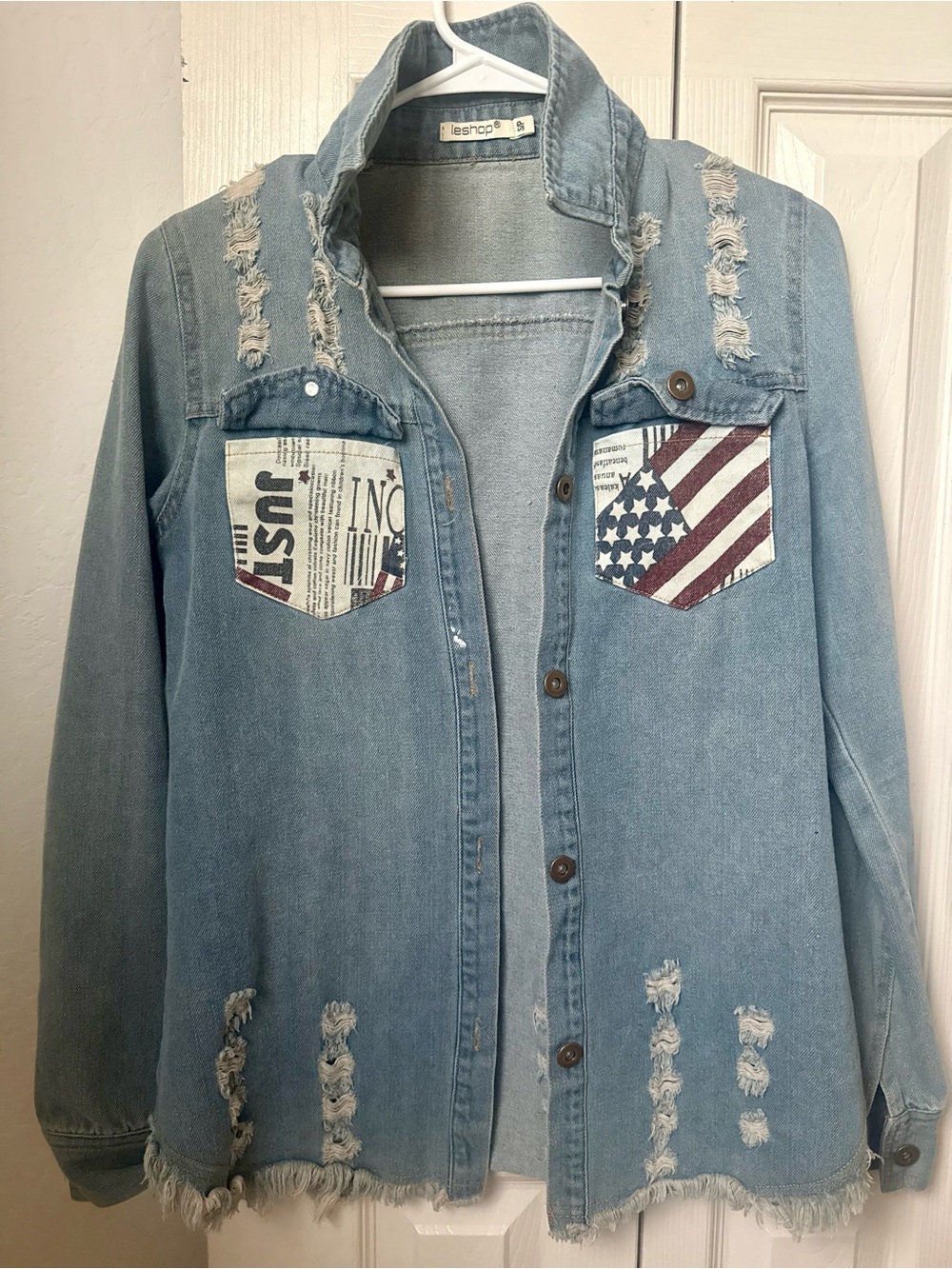 Light Wash Distressed Denim Shirt Jacket with Flag Print Pockets